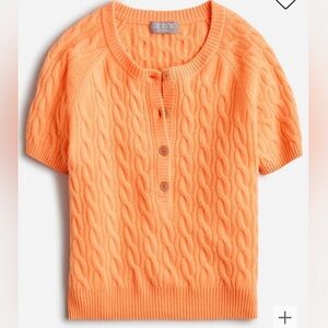 J Crew Cashmere Cable Knit Short Sleeve Henley Sweater Top Orange Medium